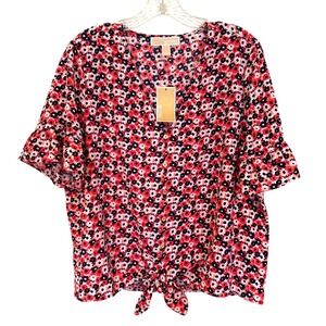 Michael Kors Floral Tie Front Flutter Sleeve Blouse Women's Large Pink Feminine
